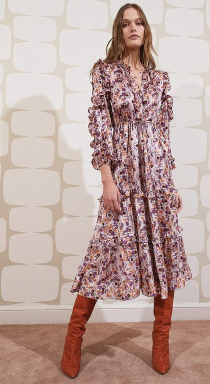 ALEXIS xs pink floral sequin satin ruffle long sleeve midi dress
